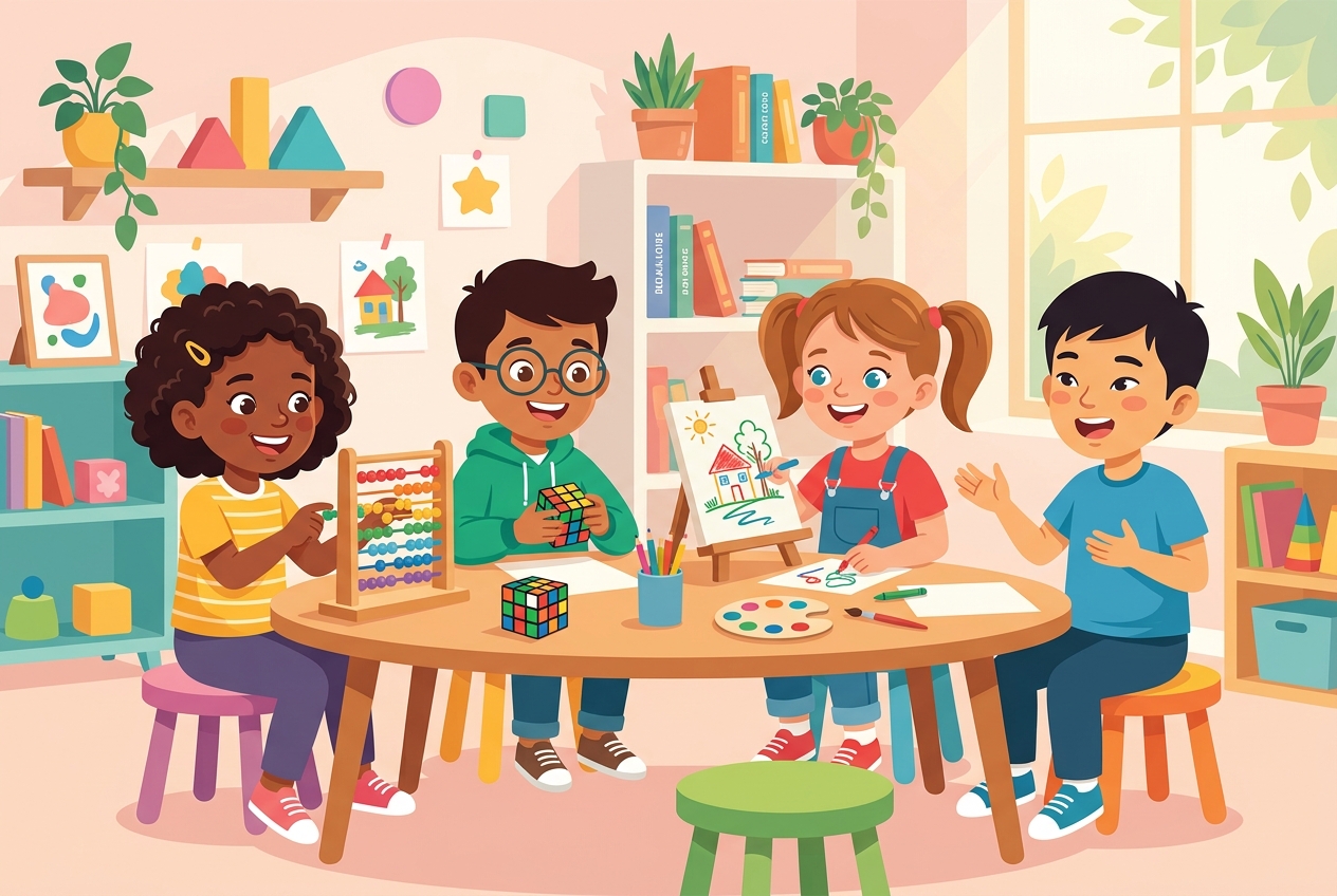 Children learning abacus, Rubik's cube, drawing and speaking
